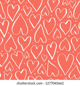 Seamless romantic pattern with hand drawn white hearts. Doodle heart on trendy coral background. Ready template for design, postcards, print, poster, party, Valentine's day, vintage textile. Vector.