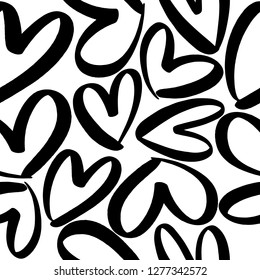 Seamless romantic pattern with hand drawn black hearts. Doodle heart on white background. Ready template for design, postcards, print, poster, party, Valentine's day, vintage textile. Vector.	