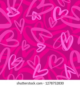 Seamless romantic pattern with hand drawn trendy pink hearts. Colorful doodle hearts on purple background. Ready template for design, postcard, print, poster, party, Valentine's day, textile. Vector.	