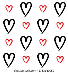 Nahtlos romantisches Muster mit handgezogenen Herzen. Farbenfrohe Doodle Herzen im Hintergrund. Vorfertige Vorlage für Design, Postkarten, Druck, Poster, Party, Valentinstag, Vintage Textilien, Packpapier.