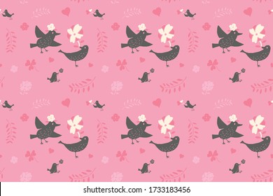 Seamless romantic pattern with hand drawn hearts, birds, diamond, leaf, flowers. Cute romantic doodle. Ready template for design, postcards, print, poster, party, Valentine's day, vintage textile.