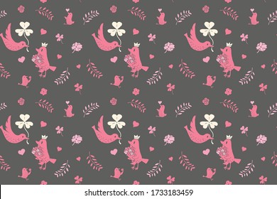 Seamless romantic pattern with hand drawn hearts, birds, diamond, leaf, flowers. Cute romantic doodle. Ready template for design, postcards, print, poster, party, Valentine's day, vintage textile.