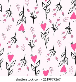 Seamless romantic pattern with hand drawn red hearts. Colorful doodle hearts. Ready template for design, postcards, print, poster, party, Valentine's day, vintage textile. Vector.