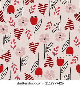 Seamless romantic pattern with hand drawn red hearts and flowers. Colorful doodle hearts. Ready template for design, cards, print, poster, party, Valentine's Day, vintage textile. Vector.