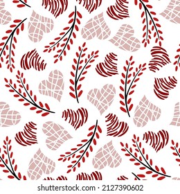 Seamless romantic pattern with hand drawn red hearts. Colorful doodle hearts. Ready template for design, postcards, print, poster, party, Valentine's day, vintage textile. Vector.