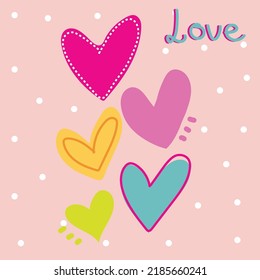 Seamless romantic pattern with hand drawn colorful hearts. Colorful doodle hearts on pink background. Ready template for design, postcards, print, poster, party, Valentine's day, vintage textile. Vect