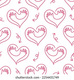 Impresionante Patrón Romántico Con Abrazos Rojos De Mano Formando Corazones. Plantilla vectorial completa para los diseños de San Valentín,