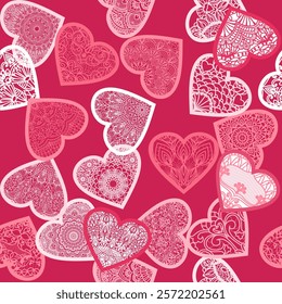 Seamless romantic pattern with hand drawn lace hearts. Colorful doodle hearts on red background. Ready template for design cards, print, poster, Valentine's day, romantic wedding design. Vector