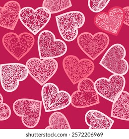 Seamless romantic pattern with hand drawn lace hearts. Colorful doodle hearts on red background. Ready template for design cards, print, poster, Valentine's day, romantic wedding design. Vector