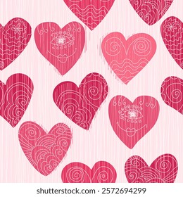 Seamless romantic pattern with hand drawn hearts. Colorful doodle hearts. Ready template for design cards, print, poster, Valentine's day, romantic wedding design. Vector