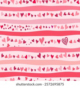 Seamless romantic pattern with hand drawn hearts. Colorful doodle hearts. Ready template for design cards, print, poster, Valentine's day, romantic wedding design. Vector