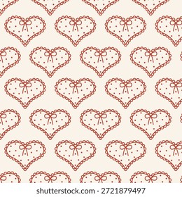 Patrón romántico sin fisuras con corazones dibujados a mano decorados con arco y puntos. Fondo de San Valentín para papel de regalo, textil, papelería y diseño de amor.