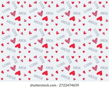 Padrão romântico perfeito com corações desenhados à mão e palavras de amor em diferentes idiomas sobre fundo claro. Ilustração lúdica cria o humor quente para o papel de embrulho, têxtil, papelaria, embalagem e decoração.