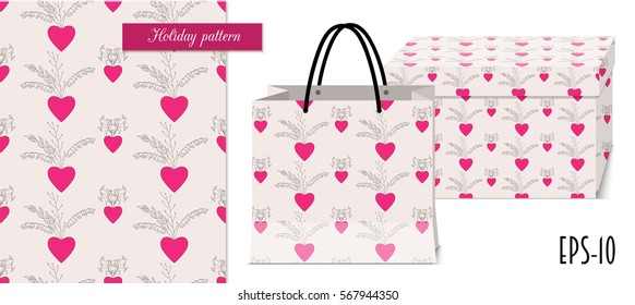 Seamless romantic pattern with hand drawn ornamental hearts for valentine pack paper, packing gift, fabric clothes, print textile. Mock-up paper bag and gift box. eps 10.