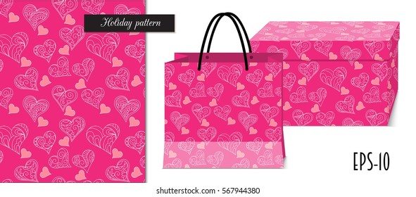 Seamless romantic pattern with hand drawn ornamental hearts for valentine pack paper, packing gift, fabric clothes, print textile. Mock-up paper bag and gift box. eps 10.