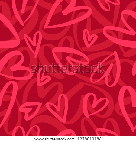 Seamless romantic pattern with hand drawn red hearts. Colorful doodle hearts on red background. Ready template for design, postcards, print, poster, party, Valentine's day, vintage textile. Vector.	