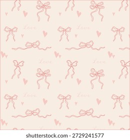 Patrón romántico sin fisuras con lazos rosados dibujados a mano, cintas, corazones y letras "Love" sobre un fondo beige suave. Repetición delicada para San Valentín, boda, papelería y tela.