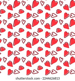 Seamless romantic pattern with handmade red hearts. Colorful doodle hearts on a red background. Ready-made template for design, postcards, printing, poster, party, Valentine's Day, vintage textiles.