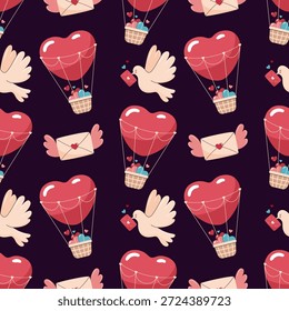 Padrão romântico perfeito com balões de ar quente em forma de coração, pombas voadoras e cartas de amor. Ilustração vetorial plana bonito no fundo escuro para papel de embrulho, têxteis, cartões e papéis de parede.