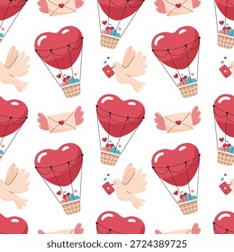 Padrão romântico perfeito com balões de ar quente em forma de coração, pombas voadoras e cartas de amor. Ilustração vetorial plana bonito sobre fundo branco para papel de embrulho, têxteis, cartões e papéis de parede.