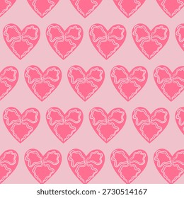 Patrón romántico sin fisuras con Formas de corazón decoradas con arcos sobre fondo rosa suave. Lindo diseño repetitivo de San Valentín para tela, papel de regalo, papelería y decoración temática de amor.