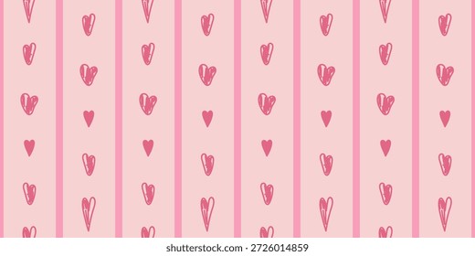 Seamless romantic pattern. The hearts alternate with vertical stripes. A simple background to create a romantic mood. Design for banners, postcards, wallpapers, posters, advertisements, sales.