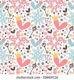 Seamless romantic pattern with hearts, crown and keys.