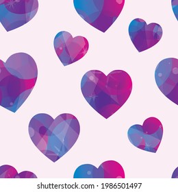 Seamless romantic pattern with hearts. Flat icons decorated with shapes, waves, gradient transparent circles. Ready-to-print template for valentines day greeting card, template or wrapping paper.