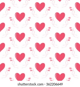 Seamless romantic pattern of hearts and flowers. Heart surrounded by pretty bellflowers. Charming spring love print in white, pink, red color. Vector illustration for Valentine's Day or wedding design