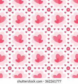 Seamless romantic pattern of hearts and flowers. Charming spring love print in white, pink, red color. Vector illustration for Valentine's Day or wedding design