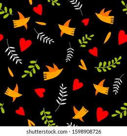 Seamless romantic pattern with hearts, leaves and birds on black background
