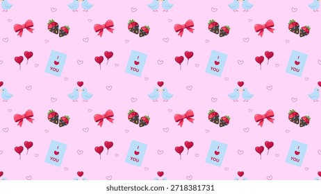 Padrão romântico perfeito com corações, letras, arcos, morangos cobertos de chocolate, balões, pássaros fofos em um fundo rosa suave, expressando doçura, afeto, ideal para Valentine, e casamento