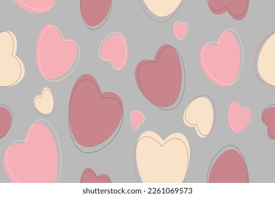 Seamless romantic pattern with hearts in pastel colors. Delicate hearts of different sizes, in pink on a gray, warm background. Ready template for design, postcards, print, textiles, poster.EPS10.