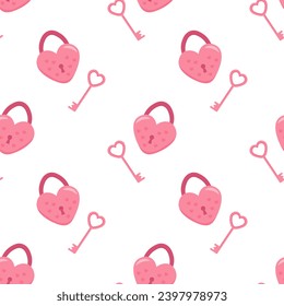 Seamless romantic pattern with heart-shaped lock and key. Flat vector illustration isolated on white background.