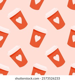 Seamless romantic pattern with hot drink in a plastic cup. Vector illustration for valentines day, poster and wedding concept.