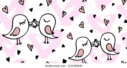 Seamless romantic pattern with kissing birds. Creative abstract valentines day background. Perfect for kids design, fabric or wrapping, wallpaper, textile. Vector illustration