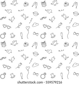 seamless romantic pattern with love symbols, signs, icons. Cute Valentine's day or wedding background.