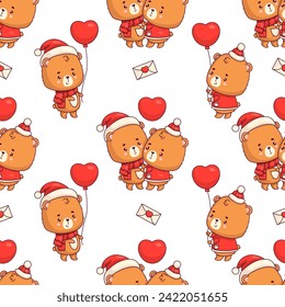 Seamless romantic pattern with loving bear teddy with hearts and balloon on white background. Funny kawaii animal girl and boy character. Vector illustration. valentine backdrop.