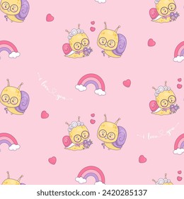 Patrón romántico sin fin con caracoles de pareja de adultos amados. Los abuelos divertidos insinuan a los personajes kawaii sobre fondo rosado con corazones y arcoíris. Ilustración vectorial. San Valentín fondo te amo