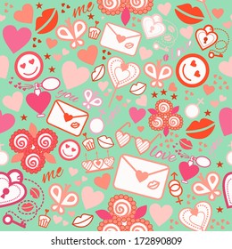 The seamless romantic pattern with many abstract objects