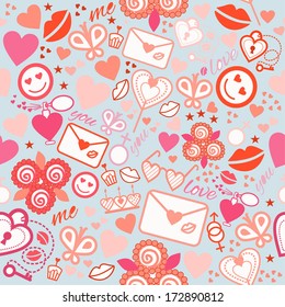 The seamless romantic pattern with many abstract objects