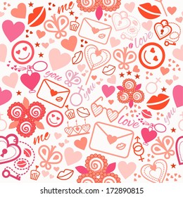 The seamless romantic pattern with many abstract objects