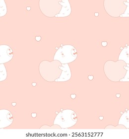 Seamless romantic pattern. Outline happy cartoon capybara with big heart on soft pink background. Vector illustration. Ornament template valentine. Line drawing