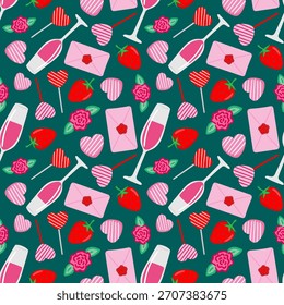 padrão romântico perfeito com copos de champanhe rosa amor cartas morangos e rosas festivo dia dos namorados esmeralda papel de parede fundo design
