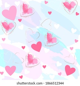 Seamless romantic pattern. Pink, golden, white hearts on a pastel color background. Abstract vector background. 