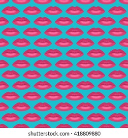  Seamless romantic pattern with pink Kisses on the white background.