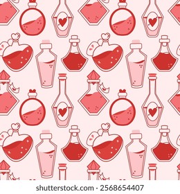 Seamless romantic pattern with potions in retro style. Pink Background with magic potions.