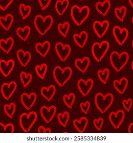 Seamless romantic pattern with red hand-drawn hearts on a dark background. Perfect for Valentine's Day, love-themed designs, textiles, wallpapers, and gift wrapping