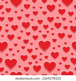 Seamless romantic pattern with red hearts. Colorful doodle hearts on red background.
