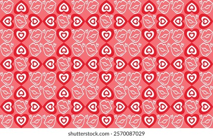 Seamless romantic pattern with red hearts and kiss icons on a pink background, perfect for Valentine's Day cards, gift wraps, and digital designs.